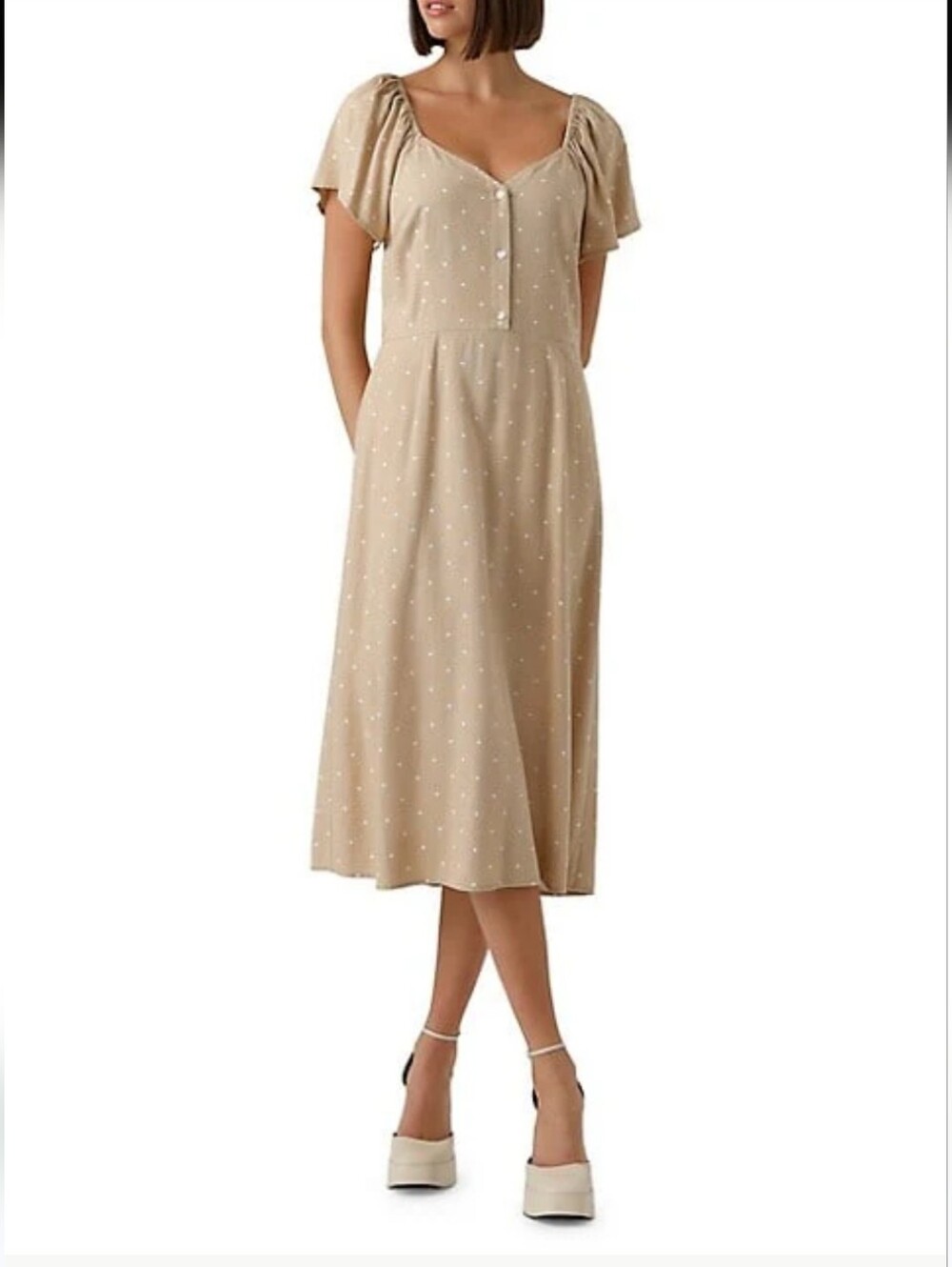 Linen Beige Polka Dot Midi Dress Button Front Effortless Summer Neutral Tone